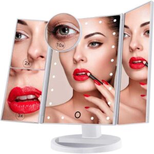 Specchio Per il Trucco Illuminato, Specchio Cosmetico per Vanità a 21 Luci a LED, Touch Screen Con Ingrandimento Triplo Ingrandimento 2X 3X 10X, Rotazione Libera di 180 °, Doppio Alimentatore Bianco