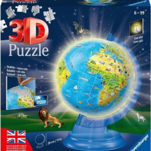 Ravensburger - 3D Puzzle Globo Night Edition con Luce, Impara la Geografia in Inglese, 180 Pezzi, 6+ Anni