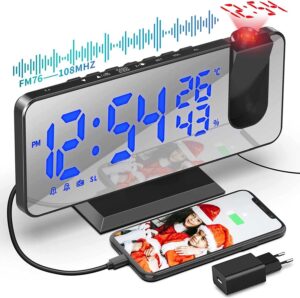 TAKRINK Sveglia con Proiettore da 7,5 Pollici Sveglia Radio Sveglia Digitale da Comodino con Proiettore con Rotazione di 180 ° Luminosità Regolabile con Temperatura Umidità e Uscita USB Ricarica