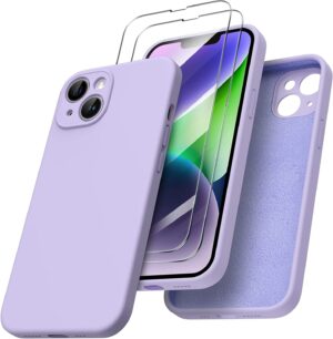 ORNARTO Cover per iPhone 14 Silicone 6.1 Pollici, con 2 Pellicola Vetro Temperato, Morbido Silicone Liquido Protezione, Antiurto Ultra-Sottile Protezione Custodia iPhone 14-Viola