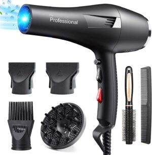 HappyGoo Asciugacapelli professionali ioni 2400W Phone con 1 diffusore 3 ugelli styling, cavo di alimentazione lungo 2.5 metri, Phon forte per la famiglia, salone di capelli, Parrucchieri