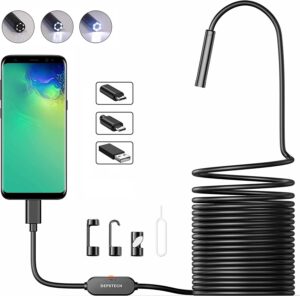 DEPSTECH Endoscopio USB 720P Telecamere di Ispezione IP67 Impermeabile 5,5mm Sonda Camera Endoscopi 5M Cavo Serpente Semirigido con 6 LED, Interfaccia 3 in 1 Compatibile con OTG Android Cellulare, PC