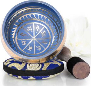 Silent Mind ~ Campana Tibetana con Accessori ~ Modello Blu ~ Con Battente a Doppia Superficie e Cuscino di Seta ~ Favorisce la Serenità, la Guarigione dei Chakra e la Consapevolezza ~ Dono Squisito