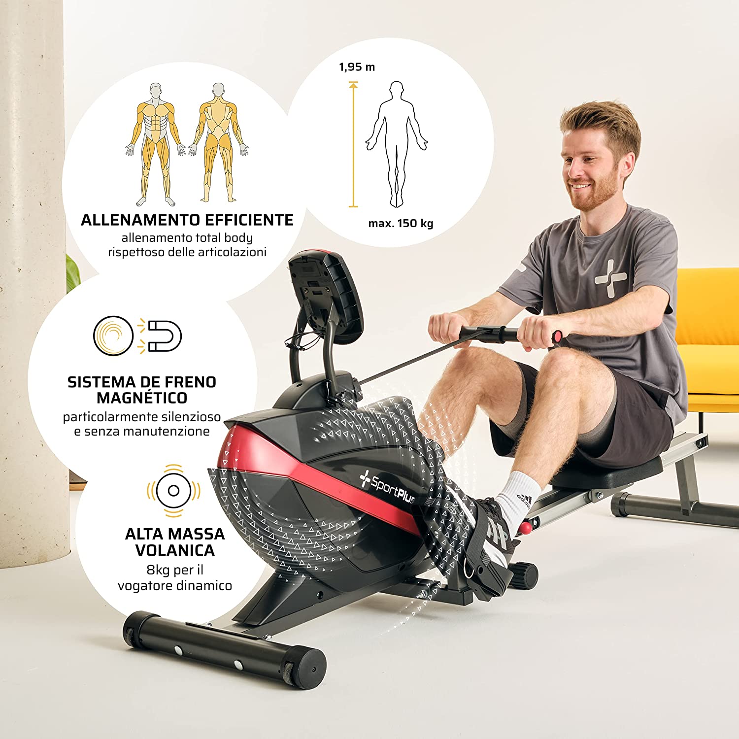 SportPlus Vogatore per uso domestico | Con o senza compatibilità con le app, pieghevole, sistema di frenatura magnetica a bassa rumorosità, 8 livelli di resistenza, massa volanica 8 kg, sedile per vogatore con cuscinetto a sfera 4 SportPlus Vogatore per uso domestico | Con o senza compatibilità con le app, pieghevole, sistema di frenatura magnetica a bassa rumorosità, 8 livelli di resistenza, massa volanica 8 kg, sedile per vogatore con cuscinetto a sfera - immagine 4