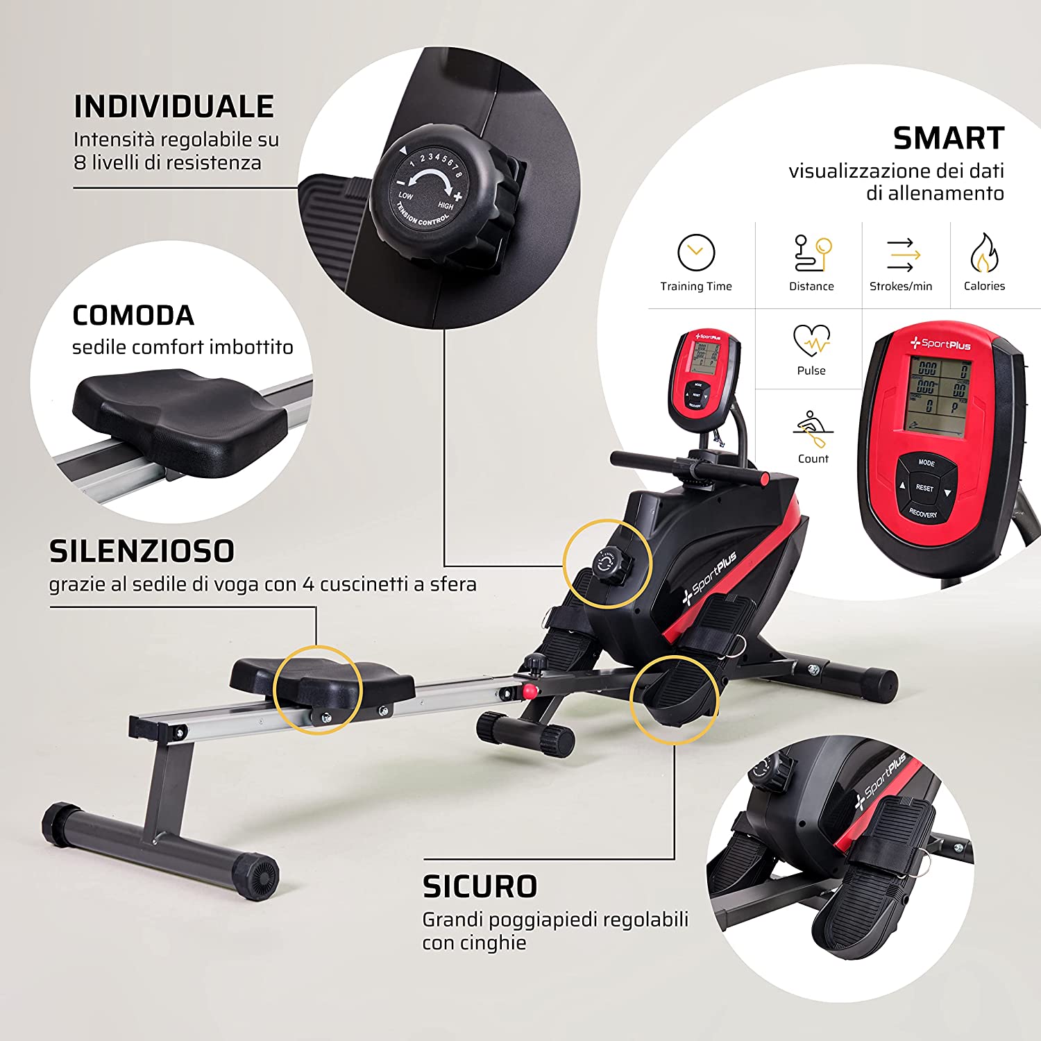 SportPlus Vogatore per uso domestico | Con o senza compatibilità con le app, pieghevole, sistema di frenatura magnetica a bassa rumorosità, 8 livelli di resistenza, massa volanica 8 kg, sedile per vogatore con cuscinetto a sfera 3 SportPlus Vogatore per uso domestico | Con o senza compatibilità con le app, pieghevole, sistema di frenatura magnetica a bassa rumorosità, 8 livelli di resistenza, massa volanica 8 kg, sedile per vogatore con cuscinetto a sfera - immagine 3