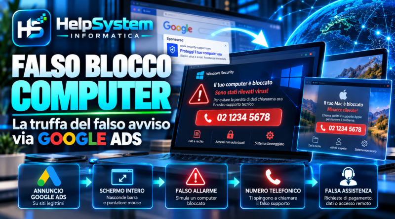Falso blocco computer diffuso tramite Google Ads con falso avviso di sicurezza