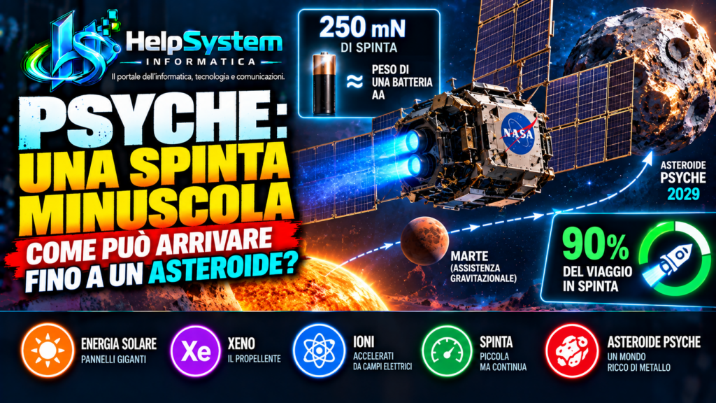 Sonda Psyche: come una spinta da batteria AA può raggiungere un asteroide 10 Sonda Psyche NASA con propulsione elettrica a xeno verso l’asteroide
