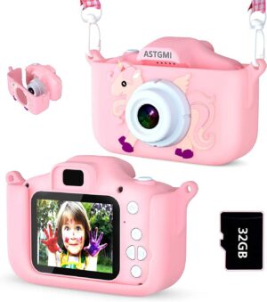 ASTGMI Macchina Fotografica Bambini, 12MP Mini Ricaricabile Fotocamera Digitale Bambina Videocamera Regalo per Ragazze Ragazzi 3-10 Anni, con Scheda 32 GB, Regali Giocattolo di Natale & Compleanno