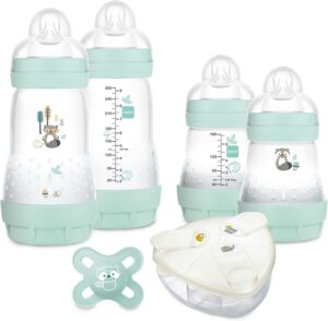 MAM Mon Cofanetto Nascita Nature, 4 biberon MAM Easy Start Anti-colica+1 ciuccio nascita+1 scatola dosatrice latte, kit baby con biberon a ciuccio ultra morbido, regalo di nascita ideale, colore acqua