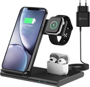 3 in 1 Caricatore Wireless per iPhone 11/12/13/14/XS/X/8 serie, Apple Watch Ultra/8/7/6/SE/5/4/3/2 casa/viaggio/ufficio ricarica wireless
