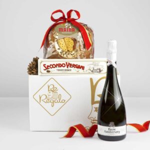 Re Regalo KIT DEGUSTAZIONE PENSIERO DI NATALE Cesto con Panettone Maina 700g, Torrone alle Mandorle, Spumante Dolce Bosca, Prodotti di Alta Qualità, Idea Natale
