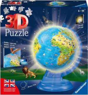 Ravensburger - 3D Puzzle Globo Night Edition con Luce, Impara la Geografia in Inglese, 180 Pezzi, 6+ Anni