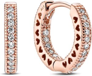 Pandora Orecchini a forma di cuore in oro rosa con lega di metallo placcato oro rosa 14 carati e zirconi cubici della collezione Signature, 1,5 cm, Metallo prezioso, Zirconia cubica