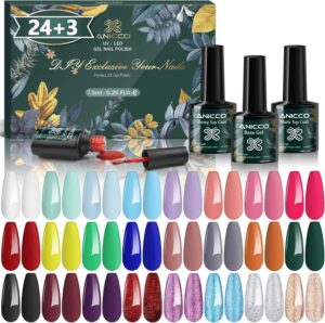 Anicco Smalto Semipermanente Unghie, 27 pcs Smalti Semipermanenti per Unghie con Base e Top Coat, Matt Coat, Smalto per Unghie in gel UV LED Nudo Glitter Rosso Semipermanente Unghie, 7.5ml