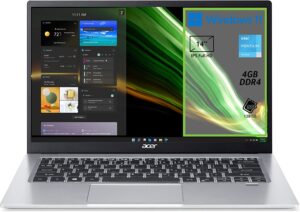 Acer Swift 1 Sf114-33-P534 Pc Portatile, Notebook, Processore Intel Pentium N5030, Ram 4 Gb, Display 14" Fhd Ips Led, 1,3 Kg, Windows 11 Home In S Mode, Argento, 21.2 x 32.28 x 1.49 cm; 1.3 Kg